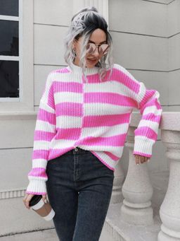 Oh Rare - Women Pink Colorblock Pullover Sweater