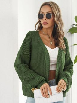 Oh Rare - Women Green Ribbed Front-Open Cardigan