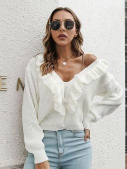 Oh Rare - Women White Ribbed Front-Open Cardigan