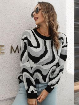 Oh Rare - Women Black Abstract Printed Pullover Sweater