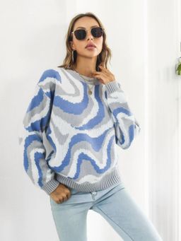Oh Rare - Women Blue Abstract Printed Pullover Sweater