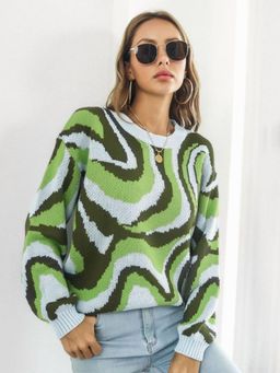 Oh Rare - Women Green Abstract Printed Pullover Sweater