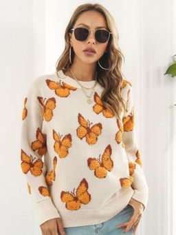 Oh Rare - Women Beige Quirky Printed Pullover Sweater