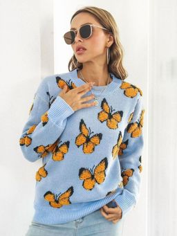 Oh Rare - Women Blue Quirky Printed Pullover Sweater