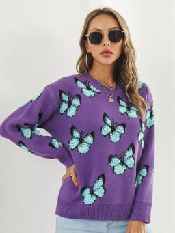 Oh Rare - Women Purple Quirky Printed Pullover Sweater