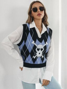 Oh Rare - Women Black Printed V-Neck Sweater Vest