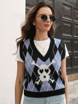 Oh Rare - Women Black Printed V-Neck Sweater Vest