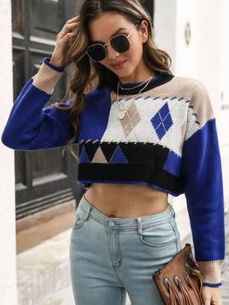 Oh Rare - Women Blue Colorblocked Crop Pullover Sweater