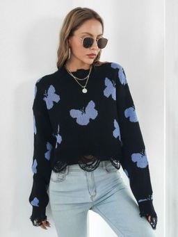 Oh Rare - Women Black Printed Pullover Sweater