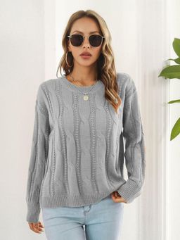 Oh Rare - Women Grey Cable Knit Pullover Sweater