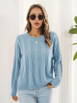 Oh Rare - Women Blue Cable Knit Pullover Sweater