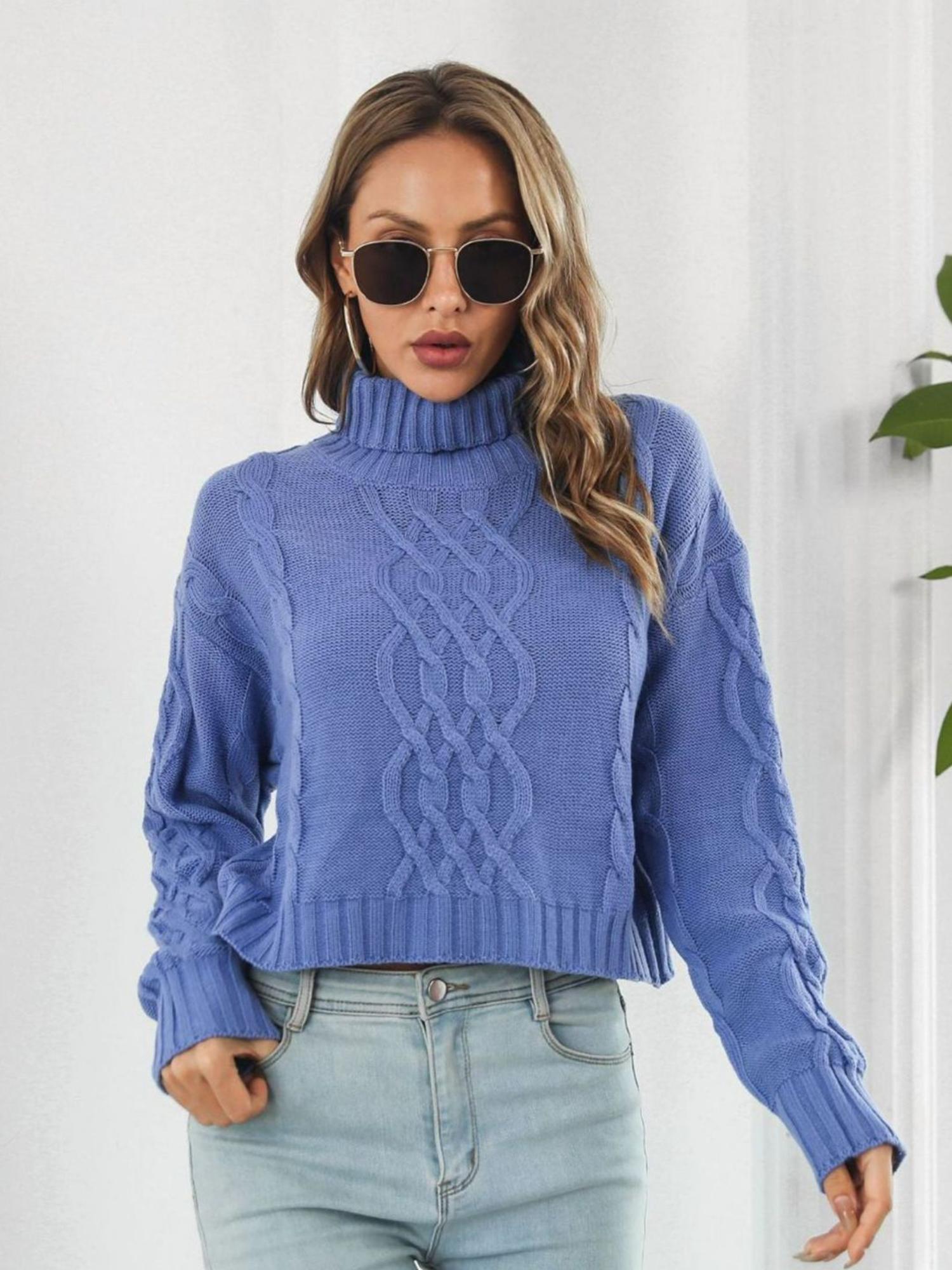 oh rare Women Blue High Neck Crop Pullover Sweater-picture-16