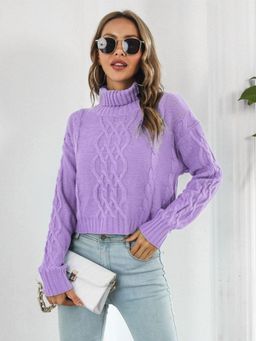 Oh Rare - Women Purple High Neck Crop Pullover Sweater