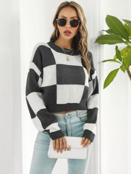 Oh Rare - Women Black Checked Pullover Sweater