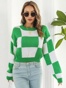 Oh Rare - Women Green Checked Pullover Sweater