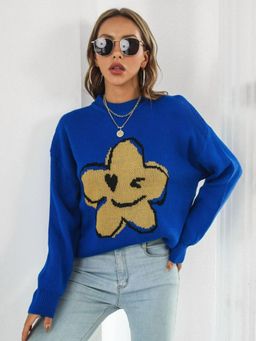 Oh Rare - Women Blue Floral Printed Pullover Sweater