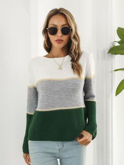 Oh Rare - Women Green Colorblocked Pullover Sweater