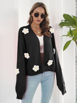 Oh Rare - Women Black Floral Embroidered Front-Open Cardigan