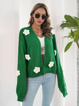 Oh Rare - Women Green Floral Embroidered Front-Open Cardigan