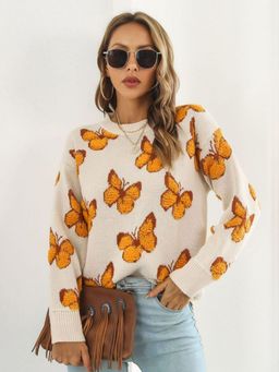 Oh Rare - Women Beige Quirky Printed Pullover Sweater