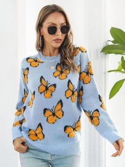Oh Rare - Women Blue Quirky Printed Pullover Sweater