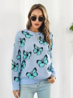 Oh Rare - Women Blue Quirky Printed Pullover Sweater