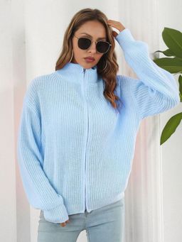 Oh Rare - Women Blue High Neck Cardigan