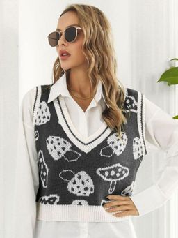 Oh Rare - Women Black Printed Crop Pullover Sweater