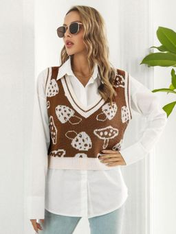 Oh Rare - Women Brown Printed Crop Pullover Sweater