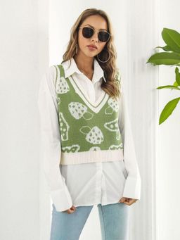 Oh Rare - Women Green Printed Crop Pullover Sweater