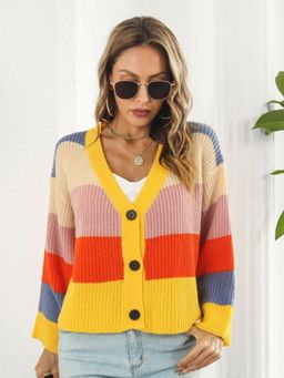 Oh Rare - Women Yellow Colorblocked Cardigan