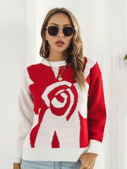 Oh Rare - Women Red Printed Pullover Sweater