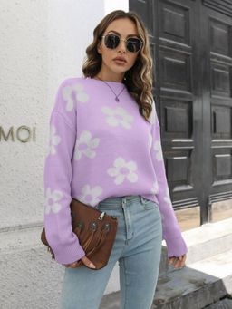 Oh Rare - Women Purple Floral Printed Pullover Sweater