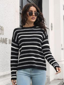 Oh Rare - Women Black Round Neck Striped Pullover Sweater