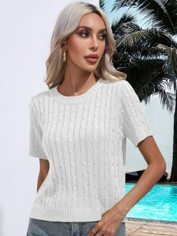 Oh Rare - Women White Cable Knit Pullover Sweater