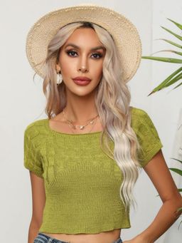 Oh Rare - Women Green Square Neck Crop Pullover Sweater