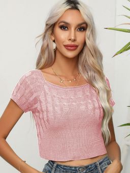 Oh Rare - Women Pink Square Neck Crop Pullover Sweater
