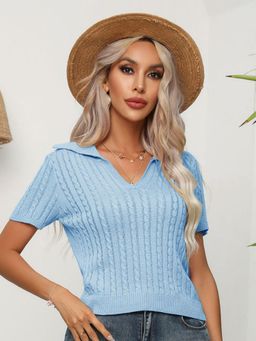 Oh Rare - Women Blue Shirt Collar Open Knit Pullover Sweater