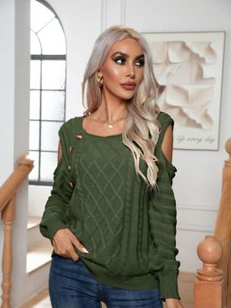 Oh Rare - Women Green Cable Knit Textured Pullover Sweater