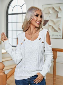 Oh Rare - Women White Cable Knit Textured Pullover Sweater