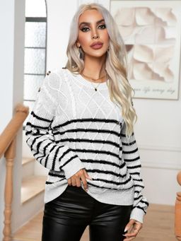 Oh Rare - Women White Striped Pullover Sweater