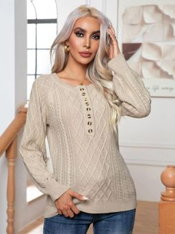 Oh Rare - Women Beige Cable Knit Pullover Sweater