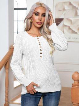 Oh Rare - Women White Cable Knit Pullover Sweater