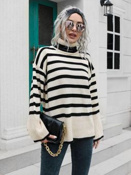 Oh Rare - Women Beige Striped Pullover Sweater