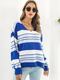 Oh Rare - Women Blue Striped Pullover Sweater