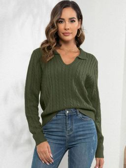 Oh Rare - Women Green Long Sleeves Pullover Sweater