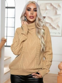 Oh Rare - Women Beige High Neck Pullover Sweater