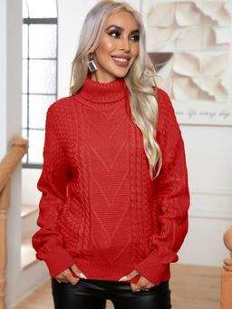 Oh Rare - Women Red High Neck Pullover Sweater