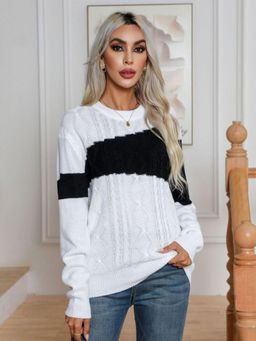 Oh Rare - Women White Cable Knit Pullover Sweater