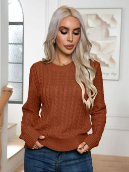 Oh Rare - Women Brown Cable Knit Pullover Sweater